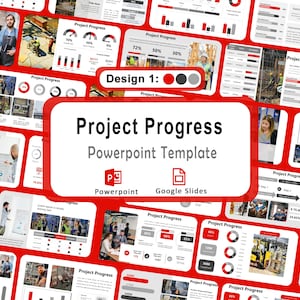 Peut inclure: Modèle PowerPoint rouge et blanc intitulé « Project Progress ». La conception comprend diverses diapositives avec des graphiques, des tableaux et des images d'ouvriers du bâtiment. Le modèle est conçu pour PowerPoint et Google Slides.
