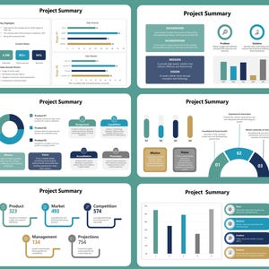 May include: A series of project summary infographics with charts, graphs, and data visualisations. The infographics use a teal and blue colour scheme and include text such as "Project Summary", "Mission", and "Vision".