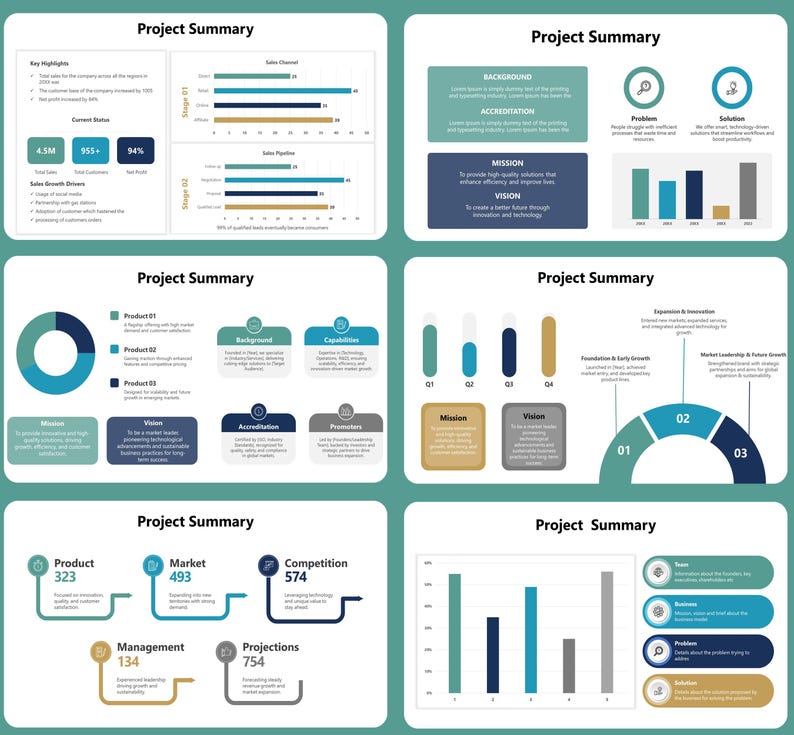 May include: A series of project summary infographics with charts, graphs, and data visualisations. The infographics use a teal and blue colour scheme and include text such as "Project Summary", "Mission", and "Vision".