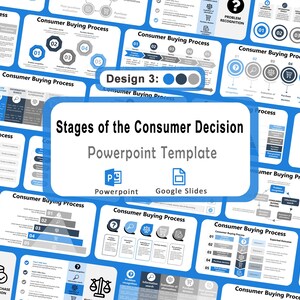 May include: A collection of blue and white PowerPoint slides illustrating the consumer buying process. The central slide features the text "Stages of the Consumer Decision" and "Powerpoint Template." Icons for PowerPoint and Google Slides are also present.