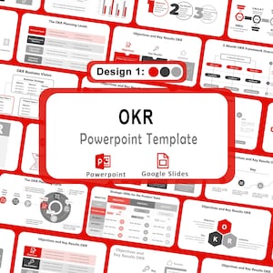 May include: A red and white PowerPoint template labelled "OKR", featuring slides with business strategy diagrams and charts. The template is designed for Google Slides and PowerPoint presentations.