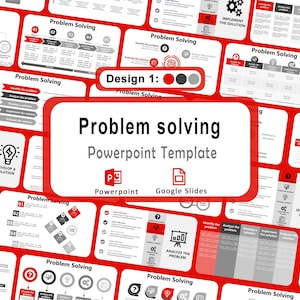 Può includere: Un modello PowerPoint rosso e bianco intitolato "Problem Solving". Il design include vari diagrammi e icone relativi ai passaggi di problem solving. Il modello è progettato per l'uso con PowerPoint e Google Slides.