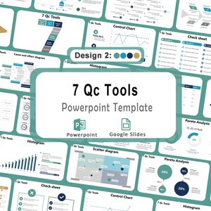May include: A PowerPoint template titled "7 Qc Tools" with various charts and diagrams, including flowcharts, histograms, and Pareto analysis. The design features a teal and white color scheme, with the text "Design 2" and icons for PowerPoint and Google Slides.