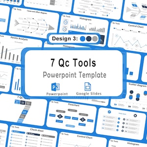May include: A PowerPoint template titled "7 Qc Tools" with various charts and diagrams, including histograms, control charts, and flowcharts. The design features a blue and white color scheme, with the text "Design 3:" at the top.