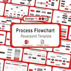 Op de afbeelding: Een verzameling rode en witte PowerPoint-sjablonen met processtroomdiagrammen. De hoofdafbeelding toont de tekst "Process Flowchart PowerPoint Template" met pictogrammen voor PowerPoint en Google Slides. Design 1 is uitgelicht.
