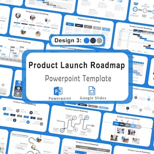 Può includere: Una raccolta di diapositive PowerPoint blu e bianche con il testo "Product Launch Roadmap" e "Powerpoint Template". Le diapositive presentano vari modelli di roadmap, diagrammi e tempistiche, con l'opzione Google Slides.