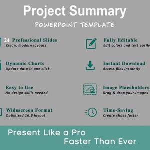May include: A PowerPoint template with a grey background and teal accents. The text reads "Project Summary" and "Present Like a Pro Faster Than Ever." Features include 24 professional slides, dynamic charts, and easy image placeholders.
