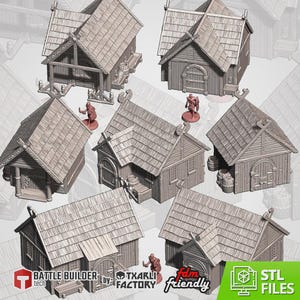 May include: A collection of miniature gray Viking-style buildings with detailed wooden textures and sloped roofs. Several buildings have arched doorways and decorative trim. Small figurines are placed near some of the buildings. The image includes the text "Battle Builder" and "STL FILES".