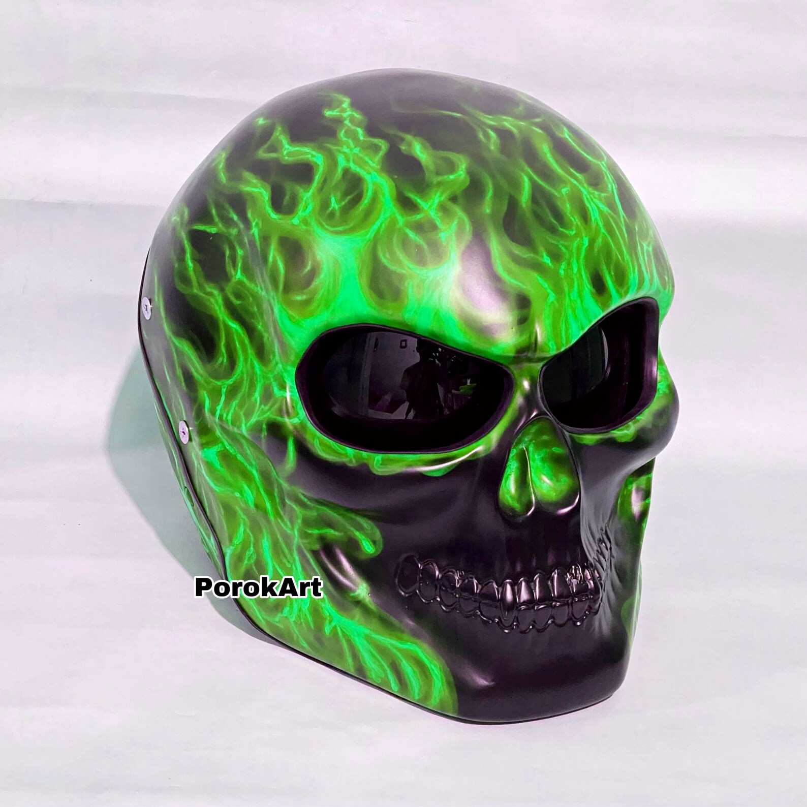 New Skull Motorcycle Helmet Black Green Fire Motive (dot Ece Certified ...