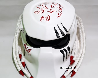 Predator Custom Motorcycle Helmet White Crack Blood Red (Dot Ece Certified)