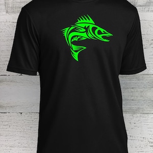 May include: A black t-shirt with a green graphic of a stylized fish design.