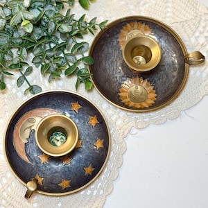 Vintage Solid Brass Celestial Candle Holders | Sun Moon Stars Enamel Chambersticks | Whimsigoth Decor Pair