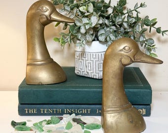Vintage Solid Brass Duck Head Bookends Made in Korea Mid Century Hollywood Regency Mallard Bird Shelf Decor