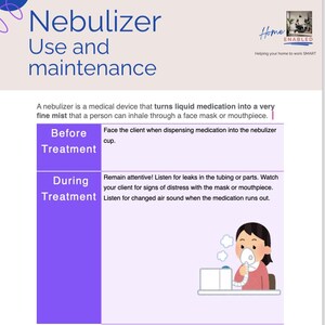 May include: A purple and white illustrated guide on how to use and maintain a nebulizer. The guide includes instructions for before and during treatment. An illustration of a person using a nebulizer is shown.