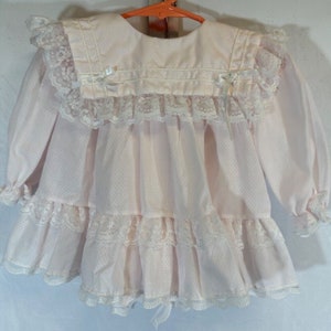 Vintage BRYAN 6-9M Baby Girl Polka Dot Lace Pink Long Sleeve Bib Dress USA D61