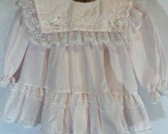 Vintage BRYAN 6-9M Baby Girl Polka Dot Lace Pink Long Sleeve Bib Dress USA D61