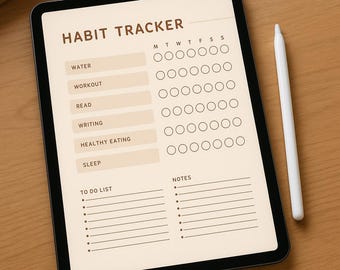 May include: A black tablet displaying a digital habit tracker with the title "Habit Tracker" in brown text. The tracker includes sections for water, workout, read, writing, healthy eating, and sleep. A white stylus rests beside the tablet on a wooden surface.