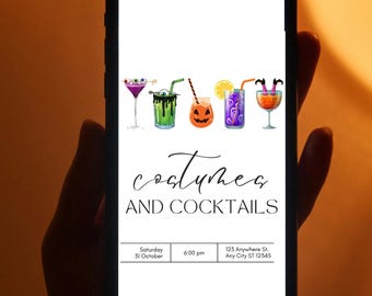May include: A smartphone displays a Halloween-themed invitation. The invitation features watercolor illustrations of cocktails with spooky garnishes. Text reads "Costumes and Cocktails" with event details: Saturday, October 31, 6:00 pm, and an address.