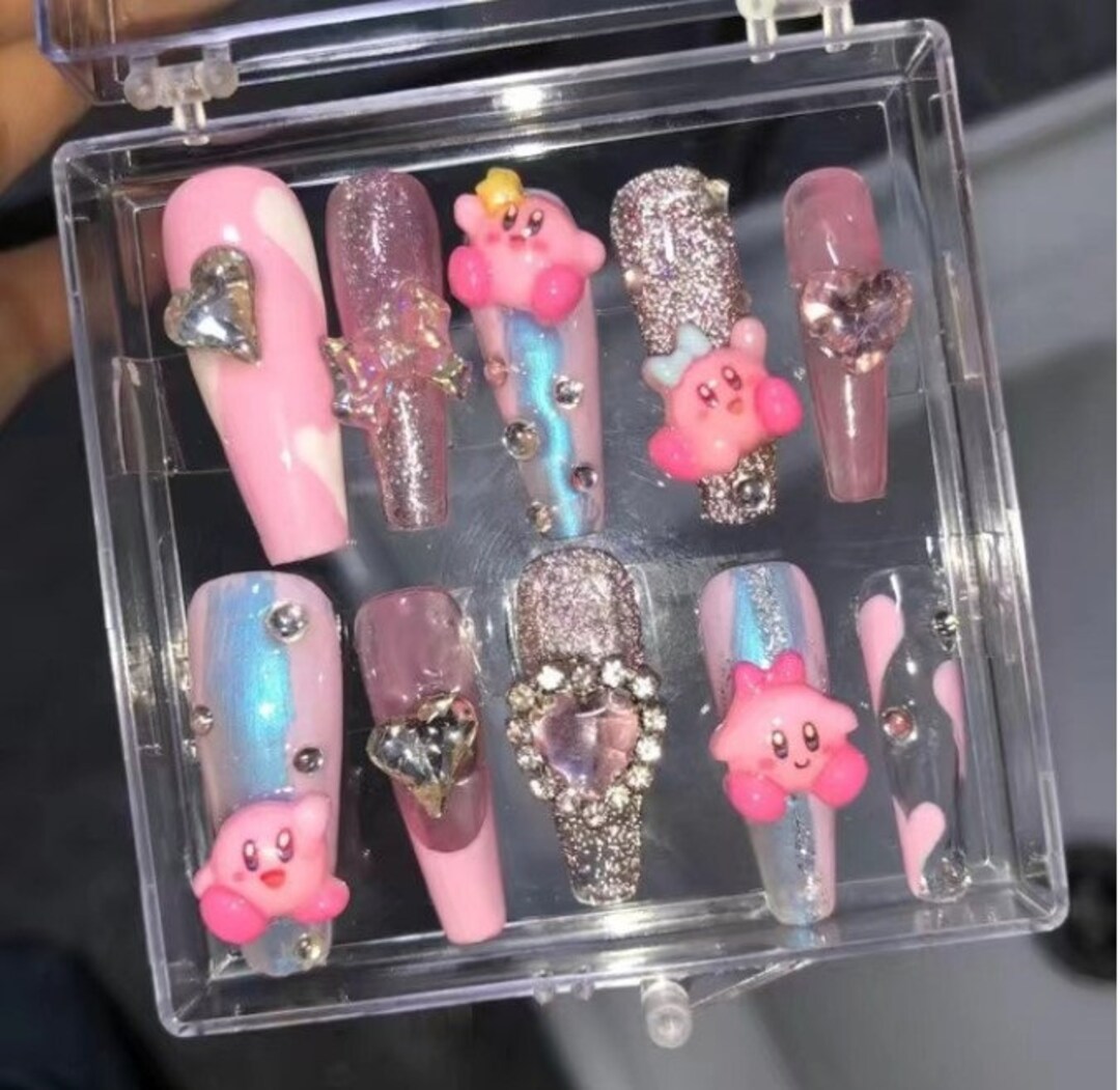 Cute Kirby Inspired Press on Acrylic Nails Gel Polish Etsy