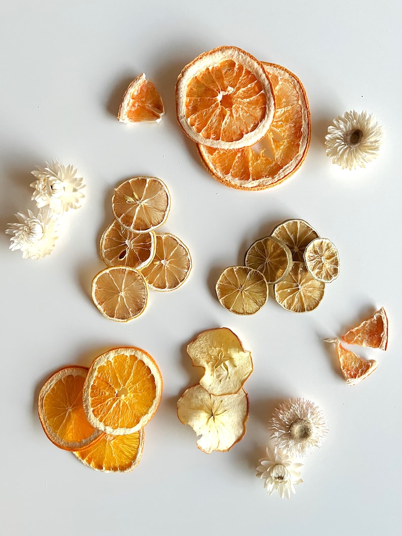 Detail shot of garland ingredients like orange, grapefruit, lemon, lime, and apple, artfully arranged with dried strawflower, all laying on a white surface