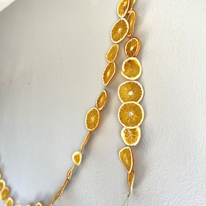 Detail shot of a string of dried orange garland, hanging artfully on a wall