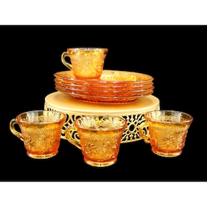 Vintage 8 Piece Tiara/Indiana Glass Snack Sets.  Plates and Glasses in Rich Amber Colored Glass.