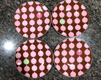 Vintage. Set of 4 Sakura Yuletide Cheer Pink Brown Christmas Ornament Appetizer Plate