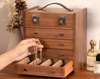 Luxus Walnuss Holz Vintage Schmuck Organizer Box mit Schubladen, tragbare große Holz Schmuck Aufbewahrungsbox, Geschenk für Schwester Mutter Paar