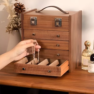 Luxury Vintage Walnut Wooden Vintage Jewelry Organizer Box with Drawers, Portable Large Wood Jewellery Storage Case, Gift for Her