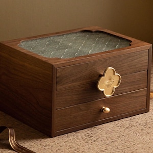 Jewelry box,Large Multi-drawer Layer Glass Lid Jewelry Storage,  Elegant Glass Top Wooden Jewelry Box Case Organizer, Gift For Her Women