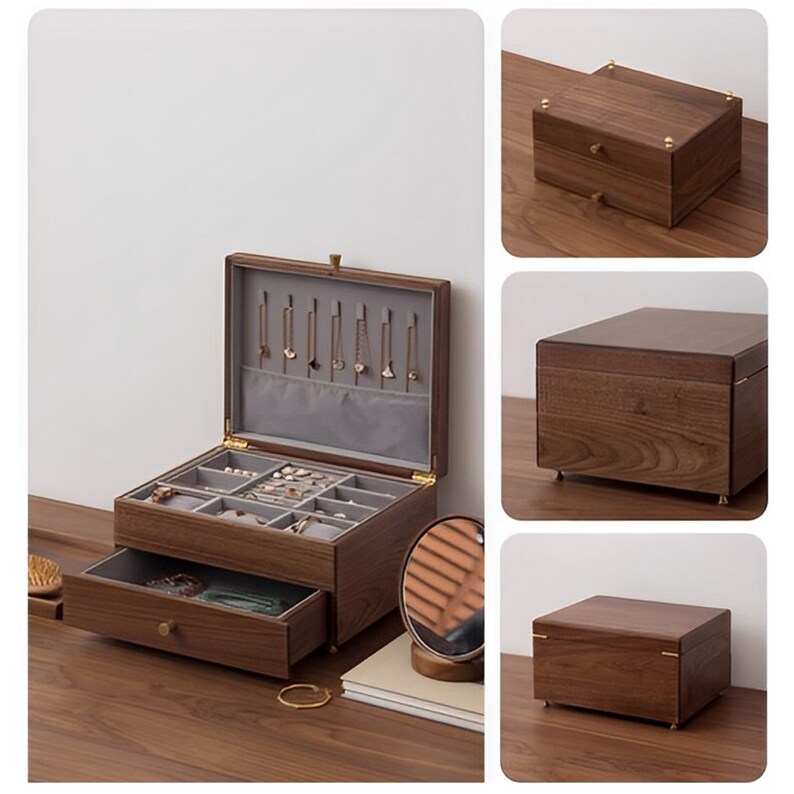 3 Layer Large Solid Wood Jewelry Box With Drawer Walnut Wood Etsy