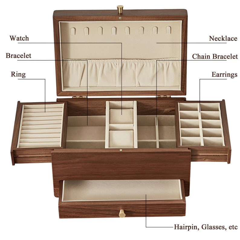 3 Layers Jewelry Box With Drawer Personalized Wooden Jewelry Etsy