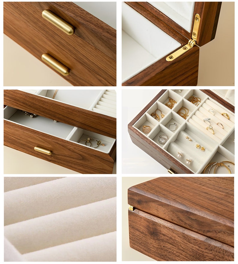 2 Layer Large Solid Wood Jewelry Box With Drawer Walnut Wood Etsy
