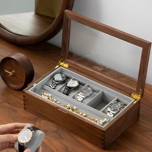 Aangepaste 3/5/7/10 slots massief glazen display walnoot houten opbergdoos voor hem | Gepersonaliseerde horlogedoos voor heren | Display voor jubileum