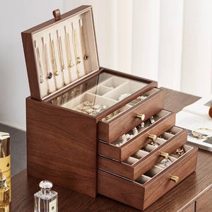 Personalisierte 5-Schicht-Glasdeckel Schmuckschatulle, große Holzschmuckschatulle Aufbewahrung, Ohrring-Armband-Halsketten-Ring-Organizer, Geschenk für sie