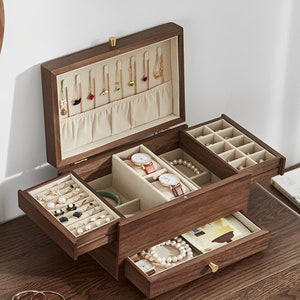 Benutzerdefinierte Holz Schmuckschatulle | 3-lagige Schmuckschatulle mit Schublade | Doppeltür Schmuckkasten | Schmuck Organizer |Personalisierte Jubiläumsgeschenke