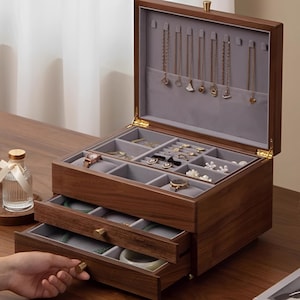 3/4/5 Schicht Große Massivholz Schmuckschatulle mit Schublade Walnuss Ohrring Armband Halskette Ringe Uhr Personalisierte Holz Aufbewahrungsbox