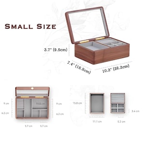 Personalisierte Massivholz-Schmuckschatulle, Walnussholz-Schmuckaufbewahrungsbox mit Glasplatte, Ohrring-Armband-Ring-Halskette-Uhr-Organizer für Sie Small 10.3"