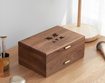 2 Layer Large Solid Wood Jewelry Box with Drawer Walnut Wood Earring Bracelet Necklace Rings Watch Storage Organizer Box