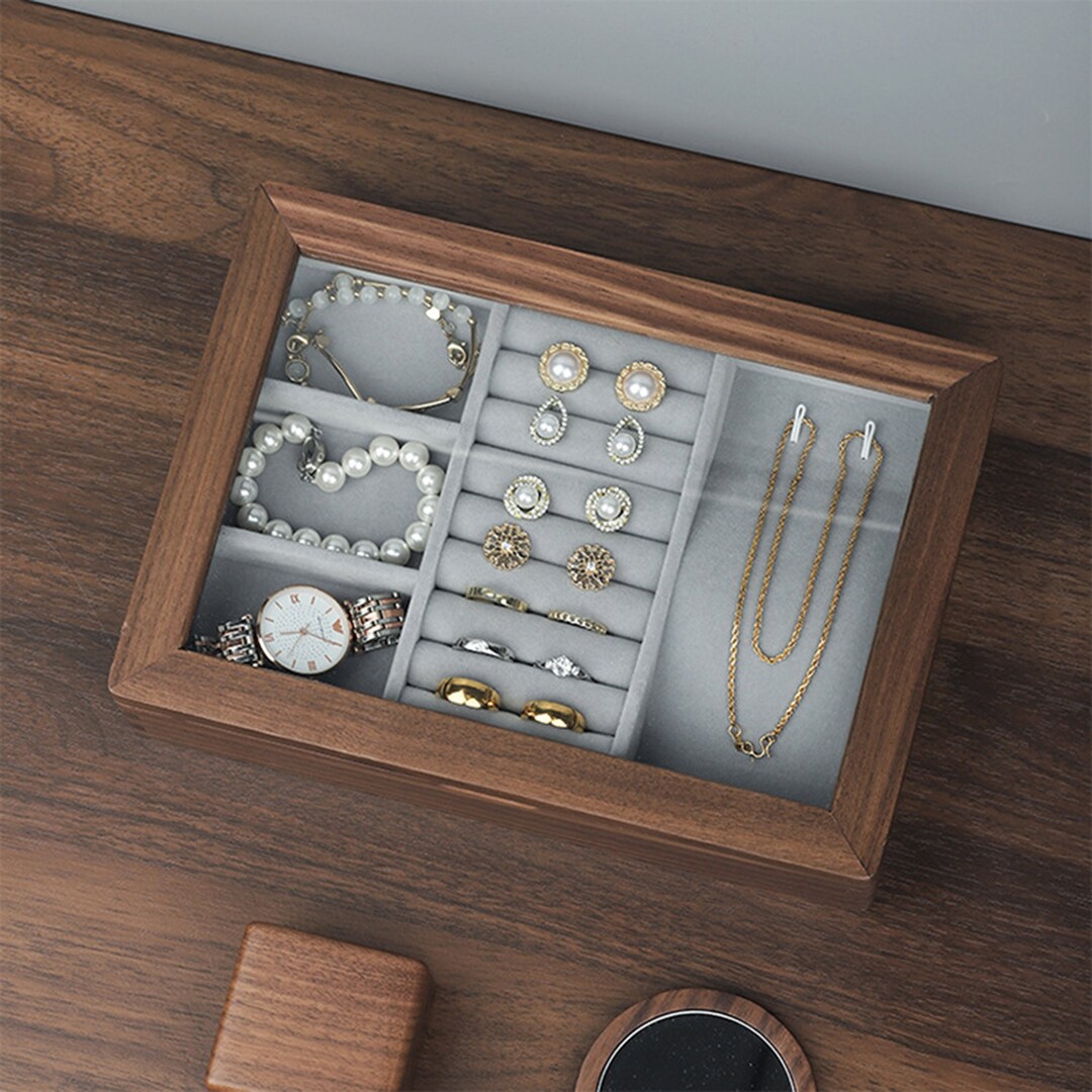 Glass Lid Walnut Wood Jewelry Storage Box,personalized Solid Wood