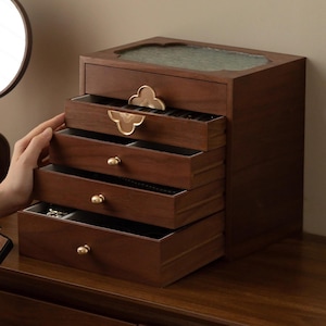 Custom Wood Large Jewelry box, 4/5 Layers Glass Lid jewellery Box Storage,  Elegant Glass Top Wooden Jewelry Case Organizer, Gift For Women