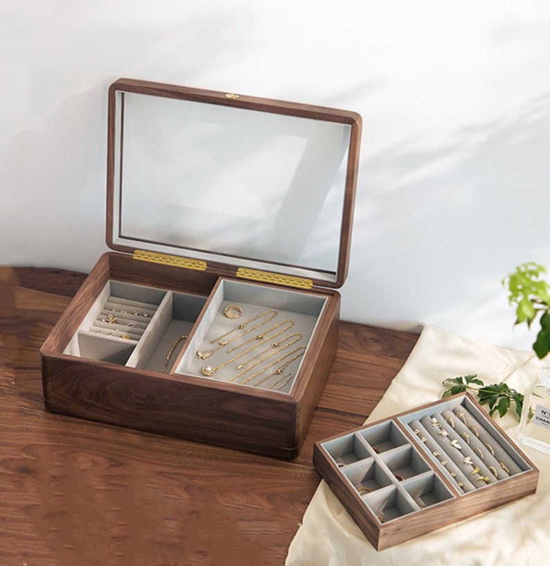 Personalized Solid Wood Jewelry Box Glass Top Walnut Wood Etsy