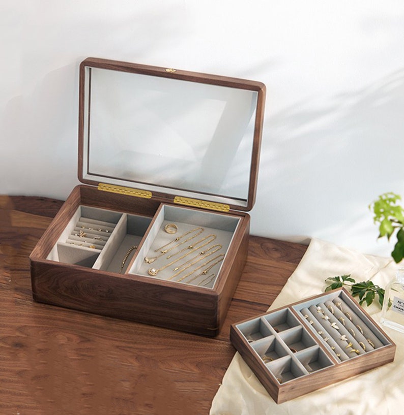 Personalisierte Massivholz-Schmuckschatulle, Walnussholz-Schmuckaufbewahrungsbox mit Glasplatte, Ohrring-Armband-Ring-Halskette-Uhr-Organizer für Sie Bild 8