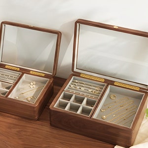 Personalisierte Massivholz-Schmuckschatulle, Walnussholz-Schmuckaufbewahrungsbox mit Glasplatte, Ohrring-Armband-Ring-Halskette-Uhr-Organizer für Sie Bild 7