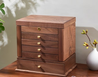 Caja de joyería vintage extra grande de nogal macizo de lujo, organizador de joyas de madera de 6 capas, caja de almacenamiento de relojes, anillos, pulseras y pendientes