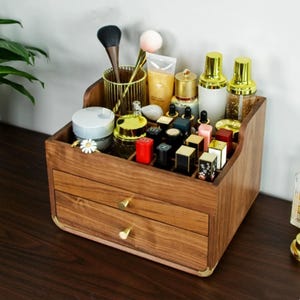 Custom Solid Walnut Wood Makeup Organizer with Drawer, Cosmetic Lipstick Skincare Organizer Storage Box for Vanity,Home Dekor Stand,3 Layers