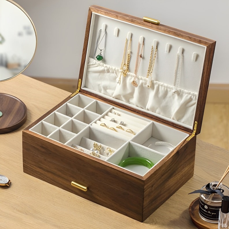 2 Layer Large Solid Wood Jewelry Box With Drawer Walnut Wood Etsy