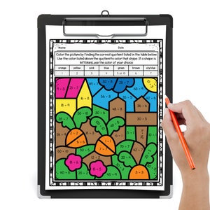 May include: A black and white worksheet with a color-by-number picture of a house, trees, and flowers. The worksheet includes a table with colors and corresponding numbers. The numbers are listed in a grid format and are used to color the picture.