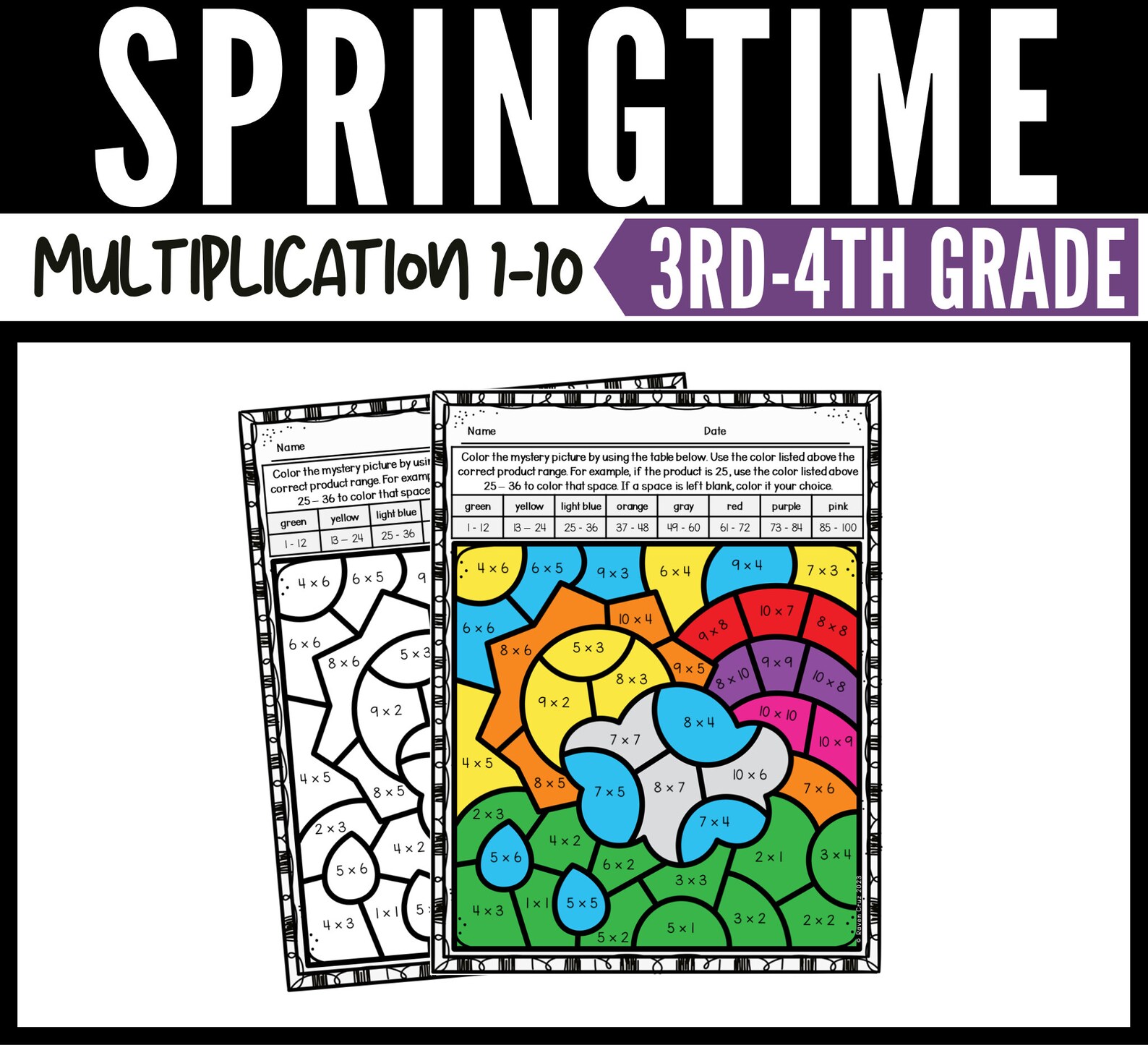 Spring Multiplication Color by Number Worksheets Etsy
