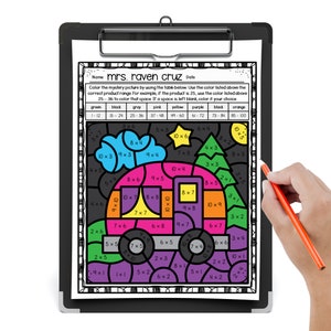 May include: A black and white multiplication color by number activity sheet with a train and a Christmas tree. The sheet includes a color key with 10 different colors and their corresponding multiplication product ranges.